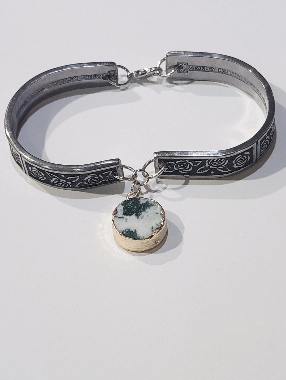 Rose Spoon Handle Floral Cuff Bracelet with Stone Charm